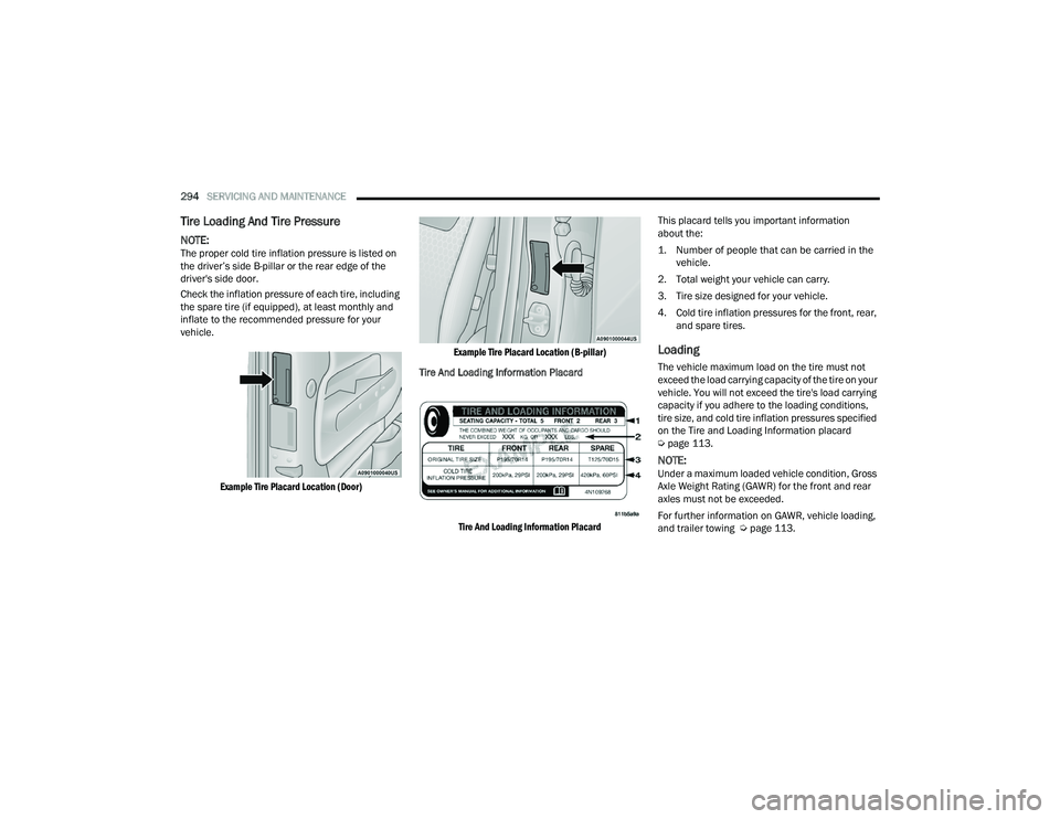 DODGE CHALLENGER 2022  Owners Manual 
294SERVICING AND MAINTENANCE  
Tire Loading And Tire Pressure  
NOTE:The proper cold tire inflation pressure is listed on 
the driver’s side B-pillar or the rear edge of the 
driver's side door