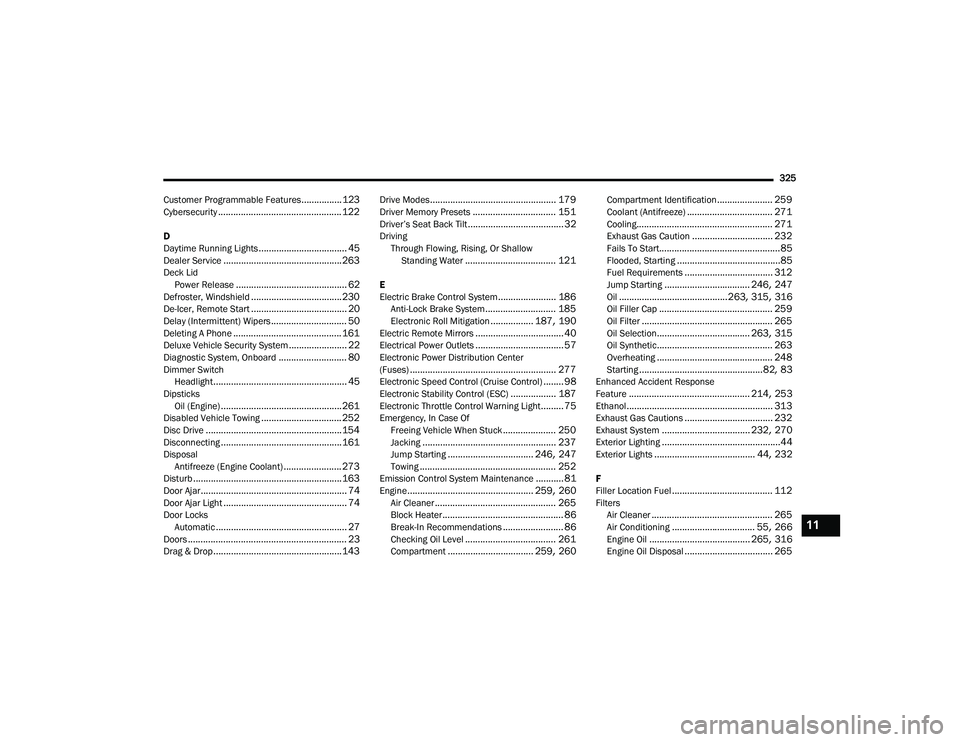 DODGE CHALLENGER 2022  Owners Manual 
325
Customer Programmable Features
................123Cybersecurity................................................. 122
D
Daytime Running Lights................................... 45Dealer Service..