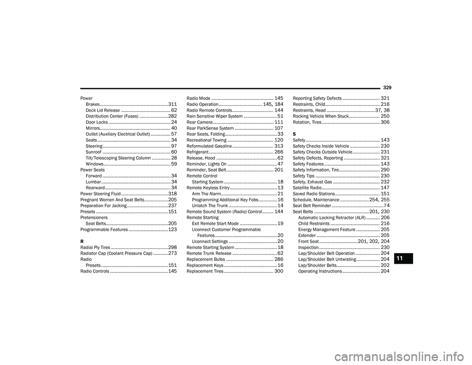 DODGE CHALLENGER 2022  Owners Manual 
329
Power Brakes
....................................................... 311Deck Lid Release........................................ 62Distribution Center (Fuses)....................... 282Door Locks