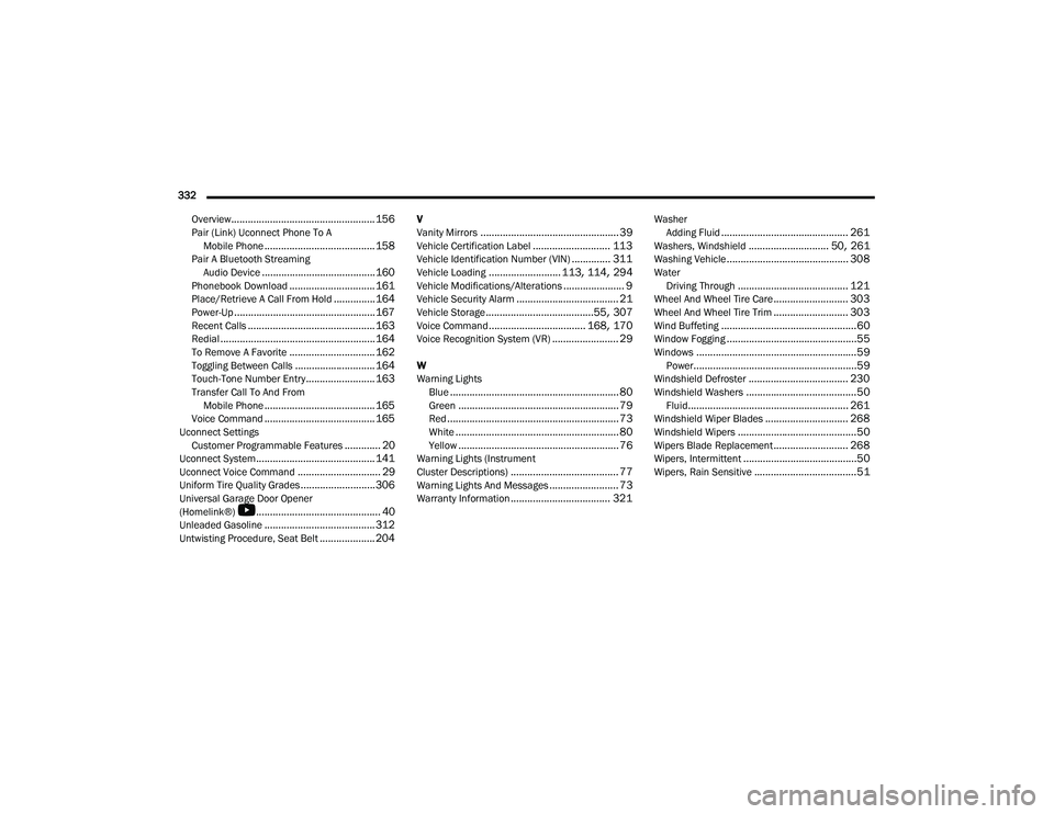 DODGE CHALLENGER 2022  Owners Manual 
332  Overview
.................................................... 156Pair (Link) Uconnect Phone To AMobile Phone........................................ 158Pair A Bluetooth Streaming Audio Device...