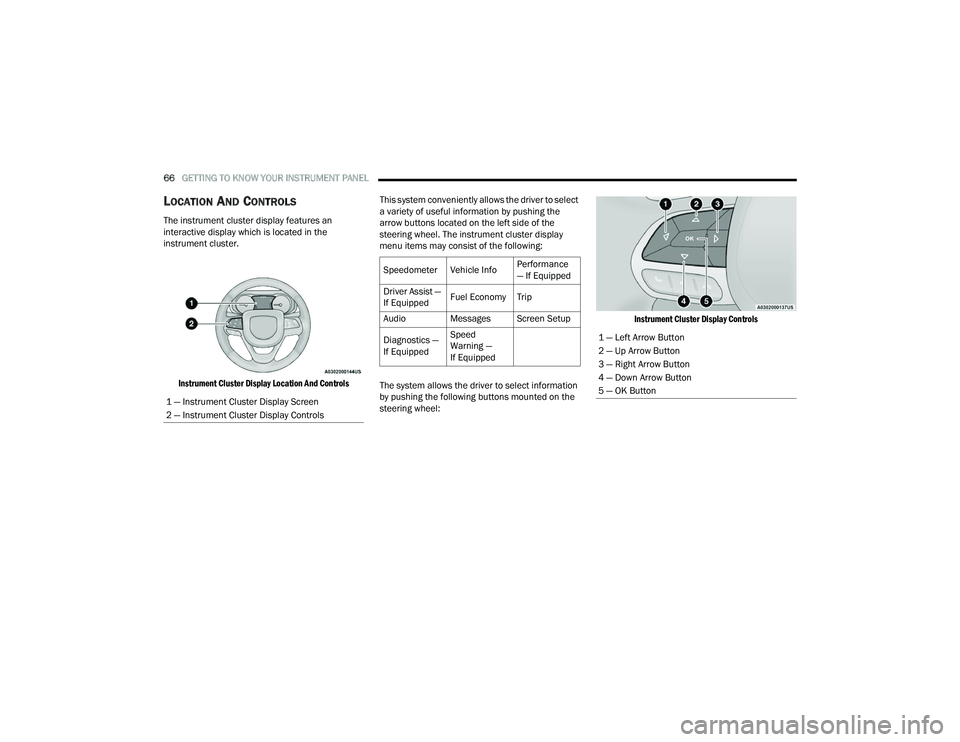 DODGE CHALLENGER 2022 Repair Manual
66GETTING TO KNOW YOUR INSTRUMENT PANEL
LOCATION AND CONTROLS
The instrument cluster display features an
interactive display which is located in the
instrument cluster.
Instrument Cluster Displa DODGE CHALLENGER 2022 Repair Manual
66GETTING TO KNOW YOUR INSTRUMENT PANEL
LOCATION AND CONTROLS
The instrument cluster display features an
interactive display which is located in the
instrument cluster.
Instrument Cluster Displa