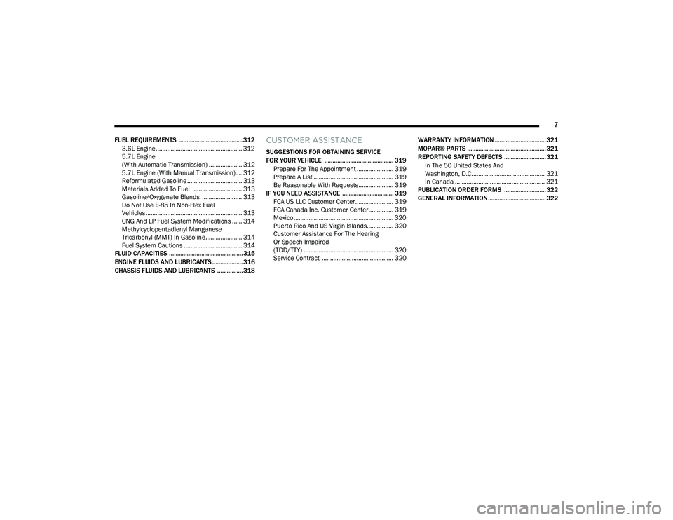 DODGE CHALLENGER 2022  Owners Manual 
7
FUEL REQUIREMENTS  ........................................ 312 3.6L Engine.................................................... 312
5.7L Engine 
(With Automatic Transmission) .................... 3