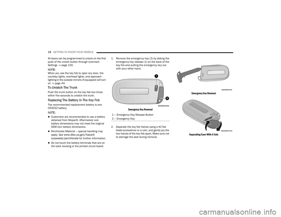 DODGE CHALLENGER 2021  Owners Manual 
14GETTING TO KNOW YOUR VEHICLE  
All doors can be programmed to unlock on the first 
push of the unlock button through Uconnect 
Settings  Ú page 120.
NOTE:When you use the key fob to open any door,