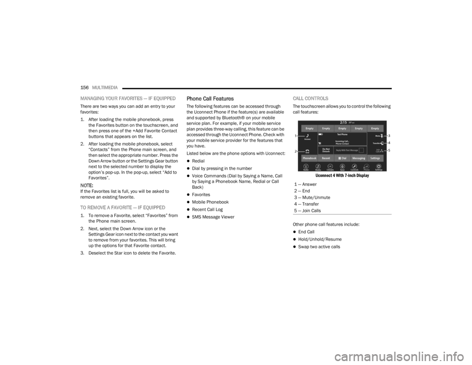 DODGE CHALLENGER 2021 Manual PDF
156MULTIMEDIA
MANAGING YOUR FAVORITES — IF EQUIPPED
There are two ways you can add an entry to your
favorites:
1. After loading the mobile phonebook, press
the Favorites button on the touchscr DODGE CHALLENGER 2021 Manual PDF
156MULTIMEDIA
MANAGING YOUR FAVORITES — IF EQUIPPED
There are two ways you can add an entry to your
favorites:
1. After loading the mobile phonebook, press
the Favorites button on the touchscr