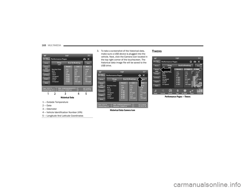 DODGE CHALLENGER 2021 Owners Manual
168MULTIMEDIA
Historical Data
3. To take a screenshot of the historical data,
make sure a USB device is plugged into the
vehicle. Next, click the Camera icon located in
the top right corner of DODGE CHALLENGER 2021 Owners Manual
168MULTIMEDIA
Historical Data
3. To take a screenshot of the historical data,
make sure a USB device is plugged into the
vehicle. Next, click the Camera icon located in
the top right corner of