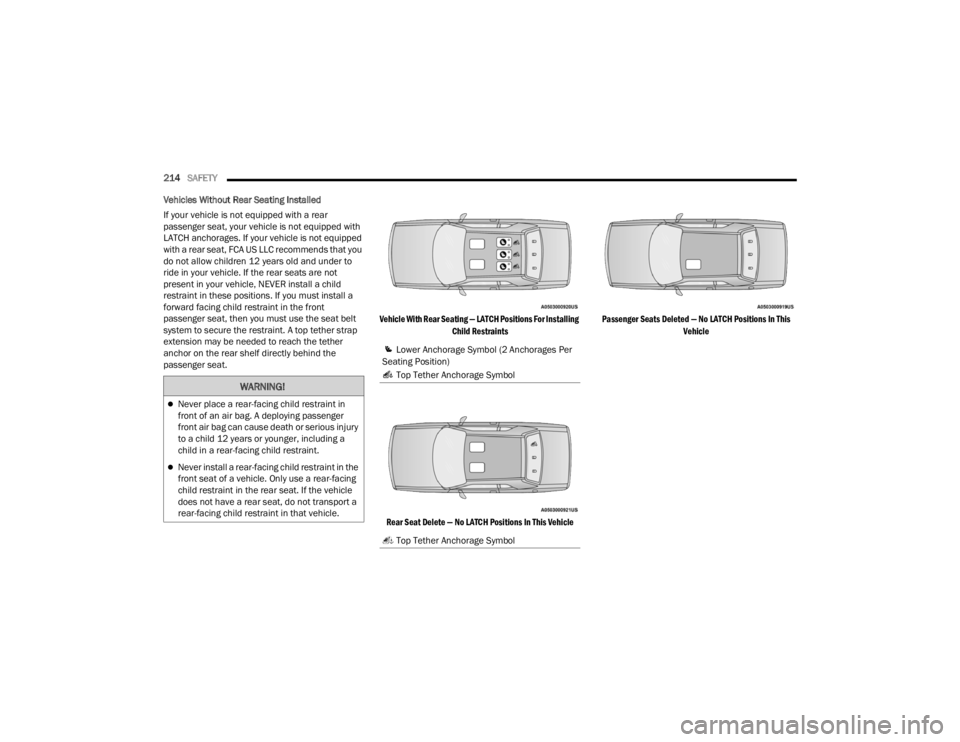 DODGE CHALLENGER 2021 Owners Manual
214SAFETY
Vehicles Without Rear Seating Installed
If your vehicle is not equipped with a rear
passenger seat, your vehicle is not equipped with
LATCH anchorages. If your vehicle is not equipped
DODGE CHALLENGER 2021 Owners Manual
214SAFETY
Vehicles Without Rear Seating Installed
If your vehicle is not equipped with a rear
passenger seat, your vehicle is not equipped with
LATCH anchorages. If your vehicle is not equipped