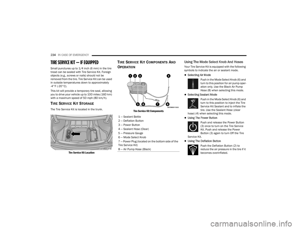 DODGE CHALLENGER 2021  Owners Manual 
234IN CASE OF EMERGENCY  
TIRE SERVICE KIT — IF EQUIPPED
Small punctures up to 1/4 inch (6 mm) in the tire 
tread can be sealed with Tire Service Kit. Foreign 
objects (e.g., screws or nails) shoul