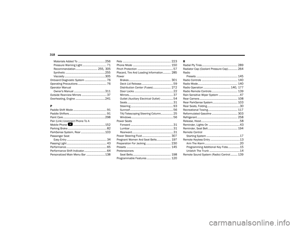 DODGE CHALLENGER 2021  Owners Manual 
318  Materials Added To
................................... 256Pressure Warning Light............................... 71Recommendation............................ 255, 305Synthetic....................