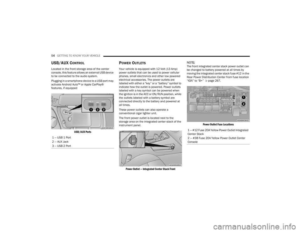 DODGE CHALLENGER 2021  Owners Manual 
54GETTING TO KNOW YOUR VEHICLE  
USB/AUX CONTROL  
Located in the front storage area of the center 
console, this feature allows an external USB device 
to be connected to the audio system.
Plugging 