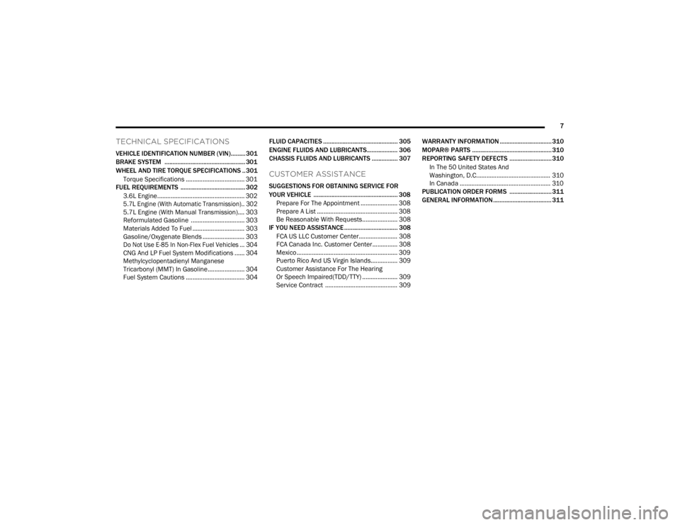 DODGE CHALLENGER 2021  Owners Manual 
7
TECHNICAL SPECIFICATIONS
VEHICLE IDENTIFICATION NUMBER (VIN)......... 301
BRAKE SYSTEM  .................................................. 301
WHEEL AND TIRE TORQUE SPECIFICATIONS .. 301Torque Spec