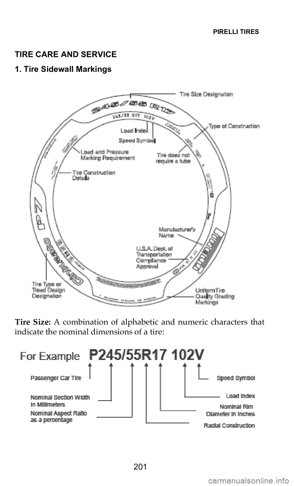 DODGE DURANGO 2021  Vehicle Warranty PIRELLI TIRES   
201
TIRE CARE AND SERVICE
1. Tire Sidewall Markings
Tire  Size: A  combination  of  alphabetic  and  numeric  characters  that  
i
 ndicate the nominal dimensions of a tire: 
