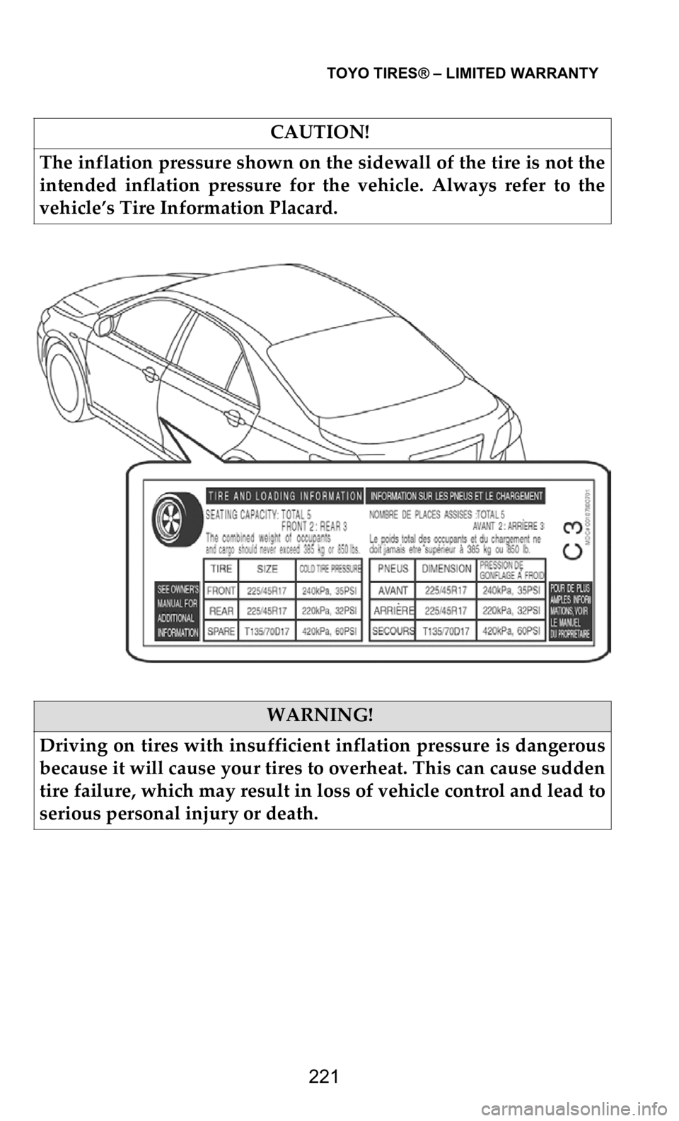 DODGE DURANGO 2021 Vehicle Warranty TOYO TIRES® – LIMITED WARRANTY
221
CAUTION!
The inflation pressure shown on the sidewall of the tire is not the
in
tended inflation pressure for the vehicle. Always refer to the
v DODGE DURANGO 2021 Vehicle Warranty TOYO TIRES® – LIMITED WARRANTY
221
CAUTION!
The inflation pressure shown on the sidewall of the tire is not the
in
tended inflation pressure for the vehicle. Always refer to the
v