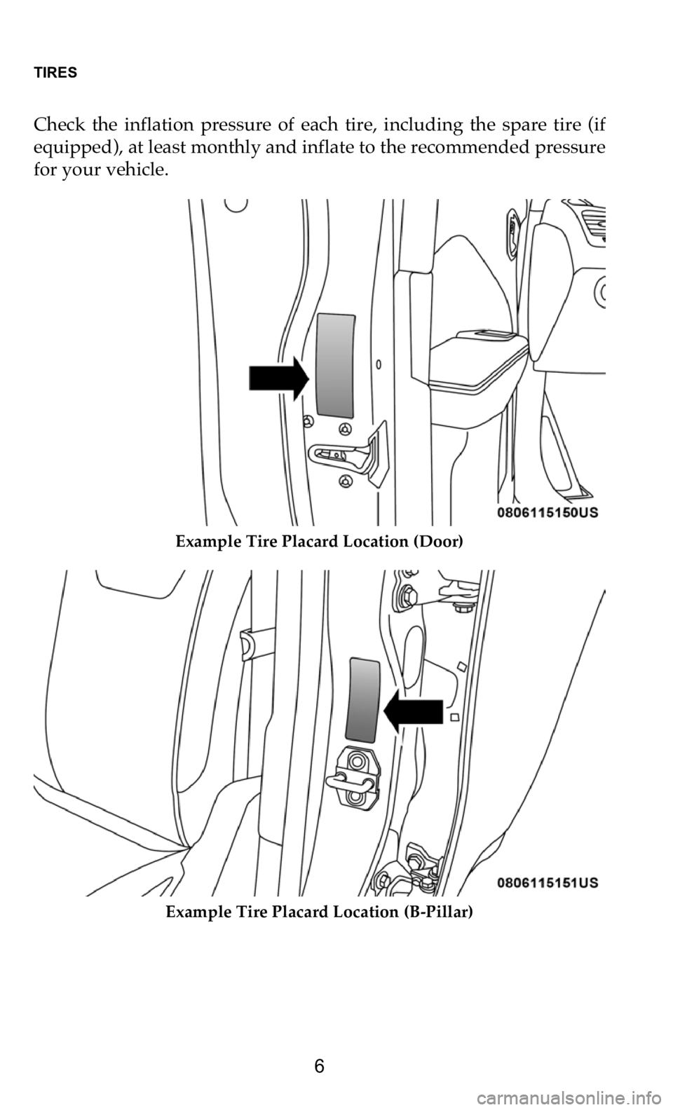 DODGE CHARGER 2021  Vehicle Warranty TIRES   
6
Check  the  inflation  pressure  of  each  tire,  including  the  spare  tire  (if  
equipped), at least monthly and inflate to the recommended pressure  
for your vehicle.
Example Tire Pla