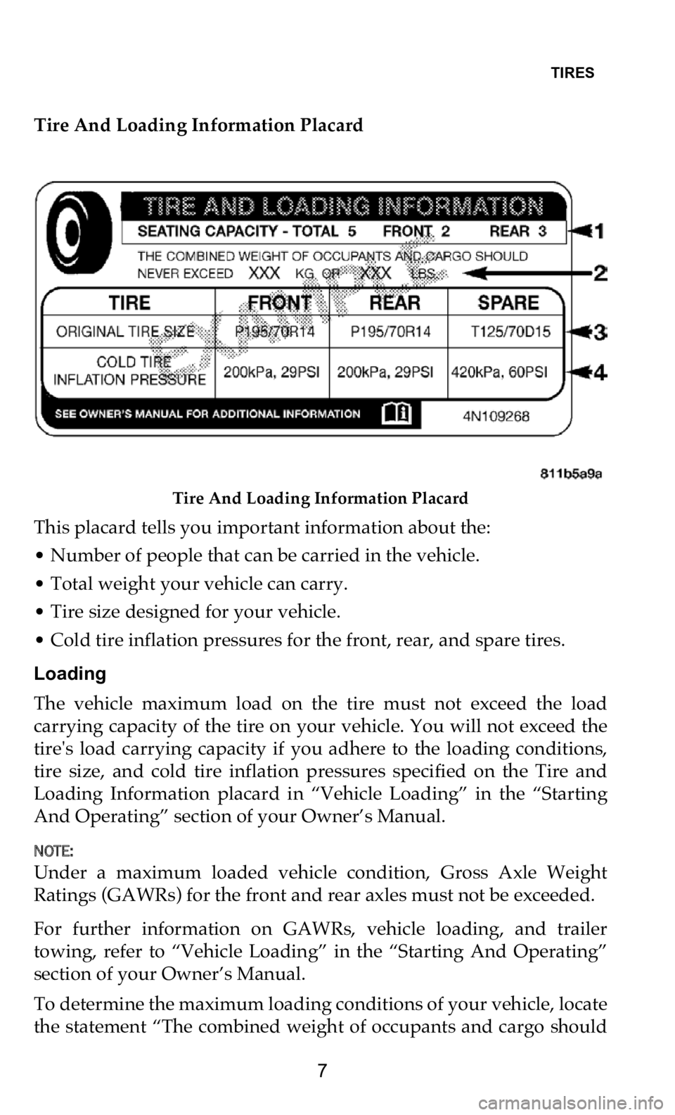 DODGE CHALLENGER 2021  Vehicle Warranty TIRES   
7
Tire And Loading Information Placard
Tire And Loading Information Placard
This placard tells you important information about the:
• Number of people that can be carried in the vehicle.
�