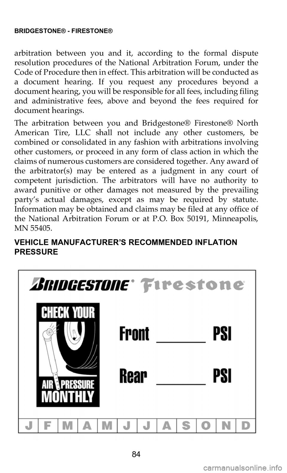 DODGE CHARGER 2021 Vehicle Warranty BRIDGESTONE® - FIRESTONE®
84
arbitration between you and it, according to the formal dispute
resolution procedures of the National Arbitration Forum, under the
Code of Proced DODGE CHARGER 2021 Vehicle Warranty BRIDGESTONE® - FIRESTONE®
84
arbitration between you and it, according to the formal dispute
resolution procedures of the National Arbitration Forum, under the
Code of Proced