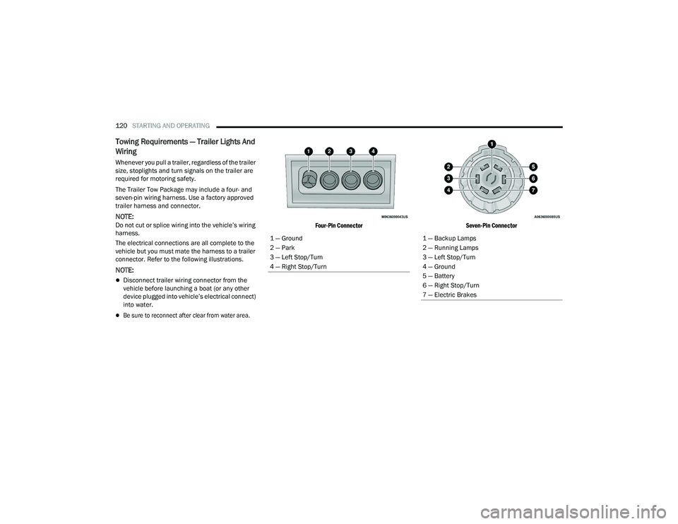 DODGE CHARGER 2021  Owners Manual 
120STARTING AND OPERATING  
Towing Requirements — Trailer Lights And 
Wiring
Whenever you pull a trailer, regardless of the trailer 
size, stoplights and turn signals on the trailer are 
required f