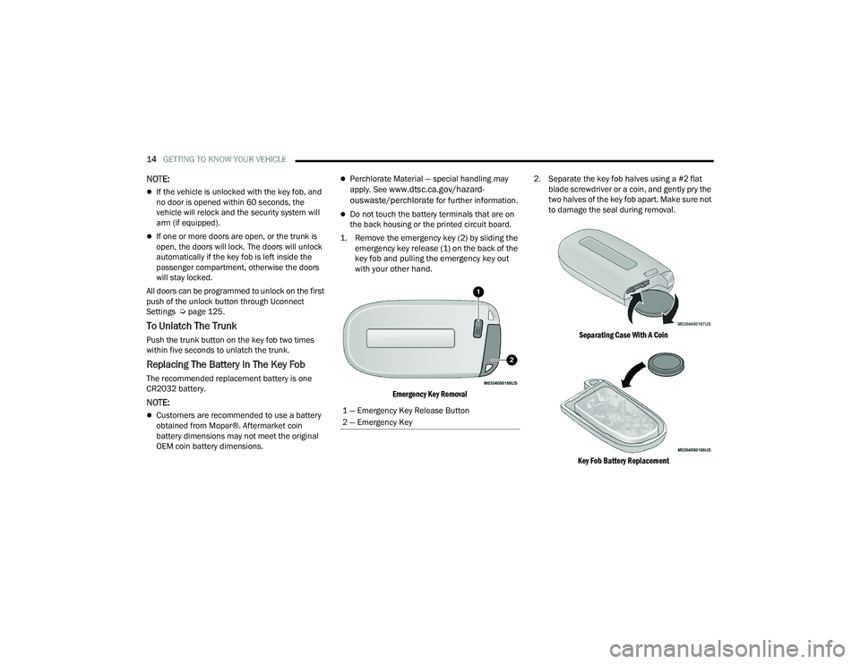 DODGE CHARGER 2021 User Guide
14GETTING TO KNOW YOUR VEHICLE
NOTE:
If the vehicle is unlocked with the key fob, and
no door is opened within 60 seconds, the
vehicle will relock and the security system will
arm (if equippe DODGE CHARGER 2021 User Guide
14GETTING TO KNOW YOUR VEHICLE
NOTE:
If the vehicle is unlocked with the key fob, and
no door is opened within 60 seconds, the
vehicle will relock and the security system will
arm (if equippe