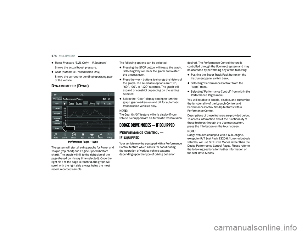 DODGE CHARGER 2021 Owners Manual
174MULTIMEDIA
Boost Pressure (6.2L Only) — If Equipped
Shows the actual boost pressure.
Gear (Automatic Transmission Only)
Shows the current (or pending) operating gear
of the vehicle. DODGE CHARGER 2021 Owners Manual
174MULTIMEDIA
Boost Pressure (6.2L Only) — If Equipped
Shows the actual boost pressure.
Gear (Automatic Transmission Only)
Shows the current (or pending) operating gear
of the vehicle.