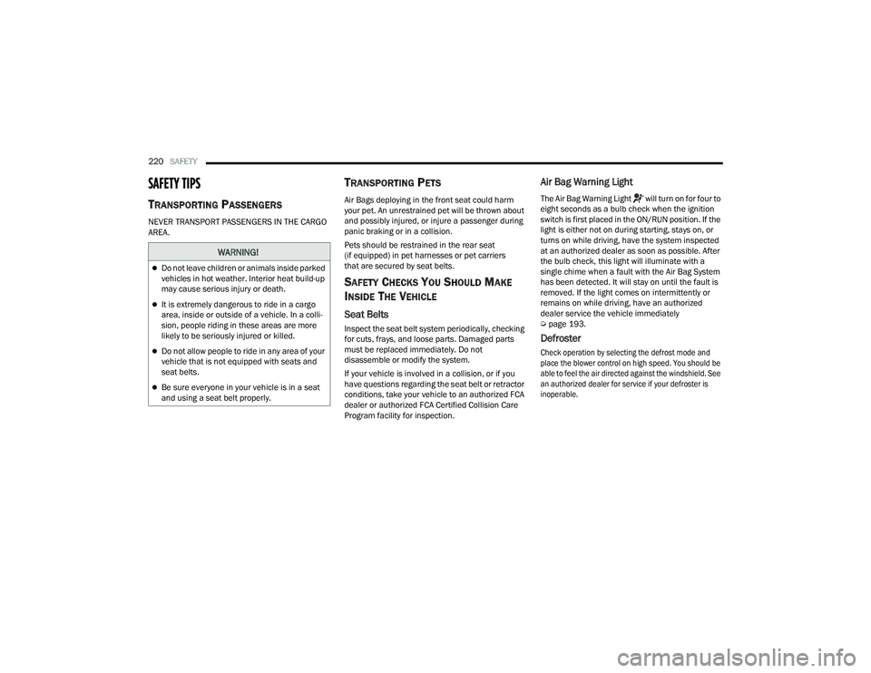 DODGE CHARGER 2021  Owners Manual 
220SAFETY  
SAFETY TIPS   
TRANSPORTING PASSENGERS
NEVER TRANSPORT PASSENGERS IN THE CARGO 
AREA.
TRANSPORTING PETS   
Air Bags deploying in the front seat could harm 
your pet. An unrestrained pet w