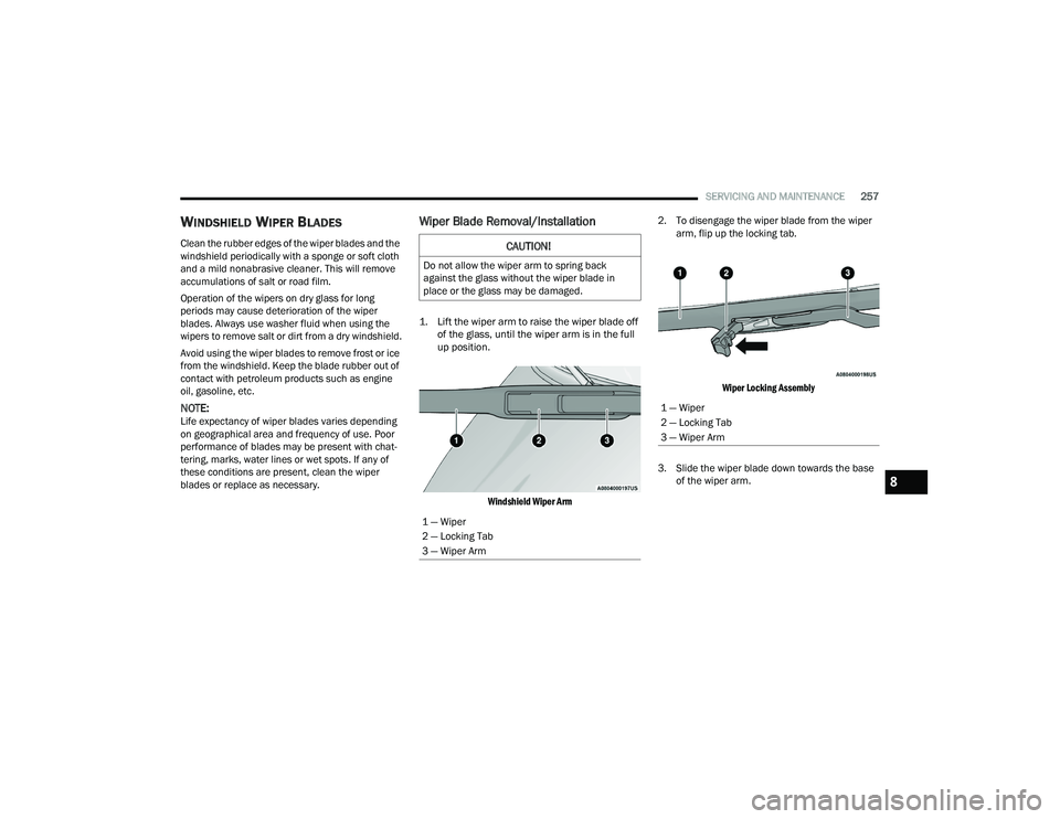 DODGE CHARGER 2021  Owners Manual 
SERVICING AND MAINTENANCE257
WINDSHIELD WIPER BLADES  
Clean the rubber edges of the wiper blades and the 
windshield periodically with a sponge or soft cloth 
and a mild nonabrasive cleaner. This wi