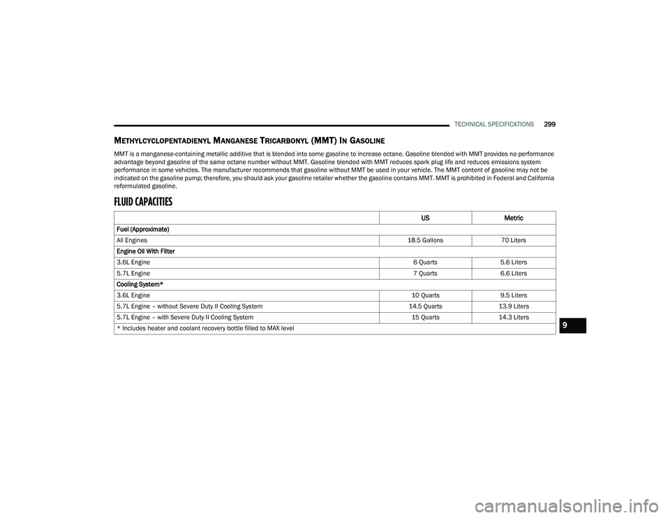 DODGE CHARGER 2021  Owners Manual 
TECHNICAL SPECIFICATIONS299
METHYLCYCLOPENTADIENYL MANGANESE TRICARBONYL (MMT) IN GASOLINE
MMT is a manganese-containing metallic additive that is blended into some gasoline to increase octane. Gasol