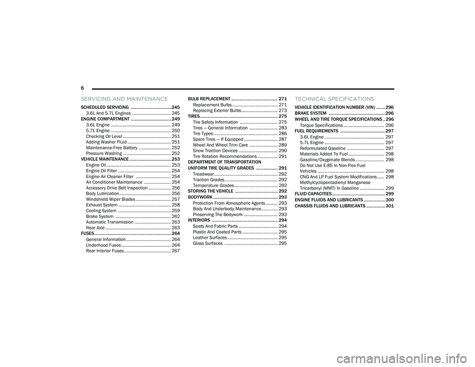 DODGE CHARGER 2021  Owners Manual 
6 
SERVICING AND MAINTENANCE
SCHEDULED SERVICING  .................................... 245
3.6L And 5.7L Engines ................................. 245
ENGINE COMPARTMENT .............................