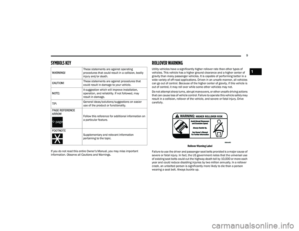 DODGE DURANGO 2021 Owners Manual
9
SYMBOLS KEY
If you do not read this entire Owner’s Manual, you may miss important
information. Observe all Cautions and Warnings.
ROLLOVER WARNING
Utility vehicles have a significantly higher r DODGE DURANGO 2021 Owners Manual
9
SYMBOLS KEY
If you do not read this entire Owner’s Manual, you may miss important
information. Observe all Cautions and Warnings.
ROLLOVER WARNING
Utility vehicles have a significantly higher r