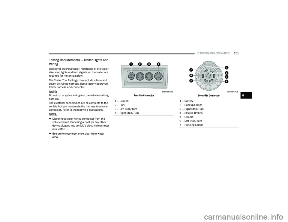 DODGE DURANGO 2021 Service Manual 
STARTING AND OPERATING151
Towing Requirements — Trailer Lights And 
Wiring
Whenever pulling a trailer, regardless of the trailer 
size, stop lights and turn signals on the trailer are 
required for