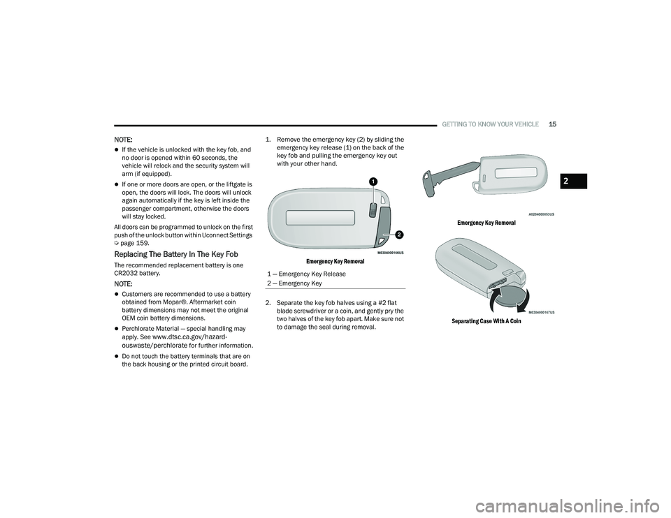 DODGE DURANGO 2021  Owners Manual 
GETTING TO KNOW YOUR VEHICLE15
NOTE:
If the vehicle is unlocked with the key fob, and 
no door is opened within 60 seconds, the 
vehicle will relock and the security system will 
arm (if equipped)