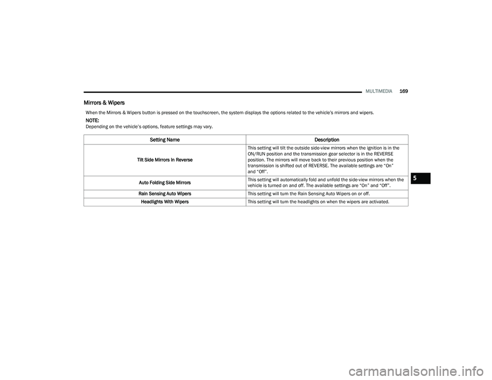 DODGE DURANGO 2021 Repair Manual 
MULTIMEDIA169
Mirrors & Wipers
When the Mirrors & Wipers button is pressed on the touchscreen, the system displays the options related to the vehicle’s mirrors and wipers.
NOTE:Depending on the veh