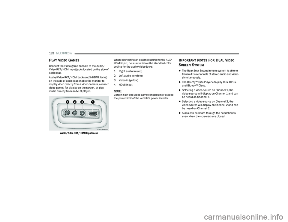 DODGE DURANGO 2021 Manual PDF 
182MULTIMEDIA  
PLAY VIDEO GAMES
Connect the video game console to the Audio/
Video RCA/HDMI input jacks located on the side of 
each seat.
Audio/Video RCA/HDMI Jacks (AUX/HDMI Jacks) 
on the side of