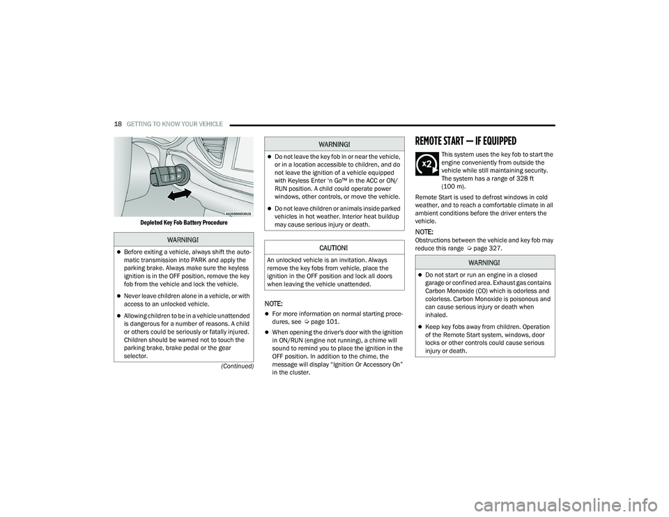 DODGE DURANGO 2021  Owners Manual 
18GETTING TO KNOW YOUR VEHICLE  
(Continued)

Depleted Key Fob Battery Procedure

NOTE:
For more information on normal starting proce
-
dures, see  Ú page 101.
When opening the driver's do