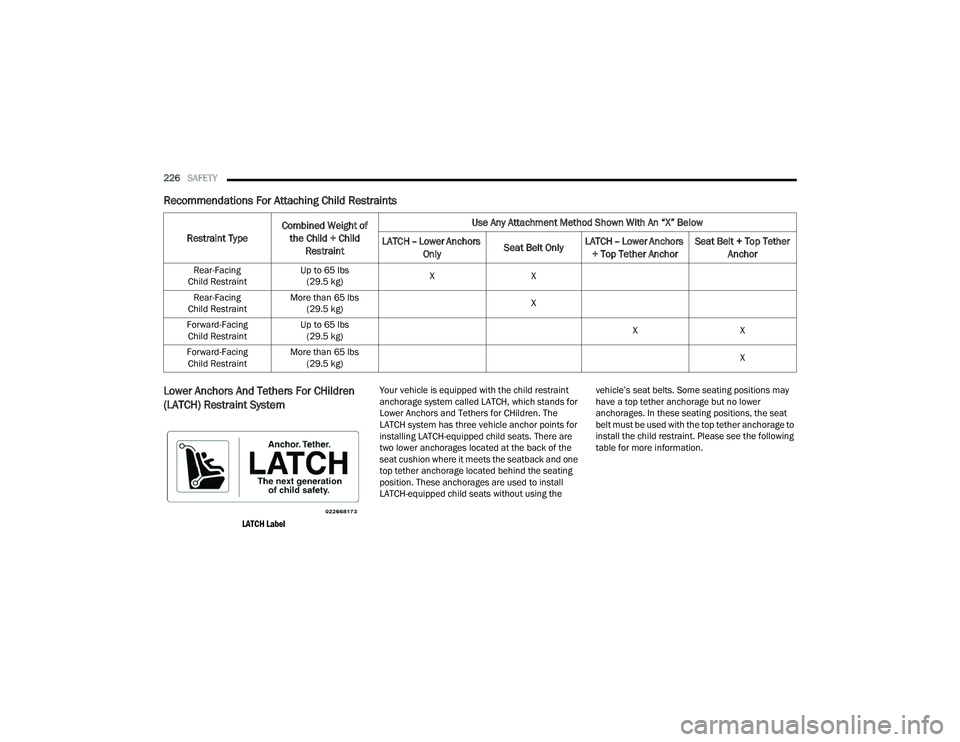 DODGE DURANGO 2021  Owners Manual 
226SAFETY  
Recommendations For Attaching Child Restraints 
Lower Anchors And Tethers For CHildren 
(LATCH) Restraint System 

LATCH Label
 Your vehicle is equipped with the child restraint 
anchorag