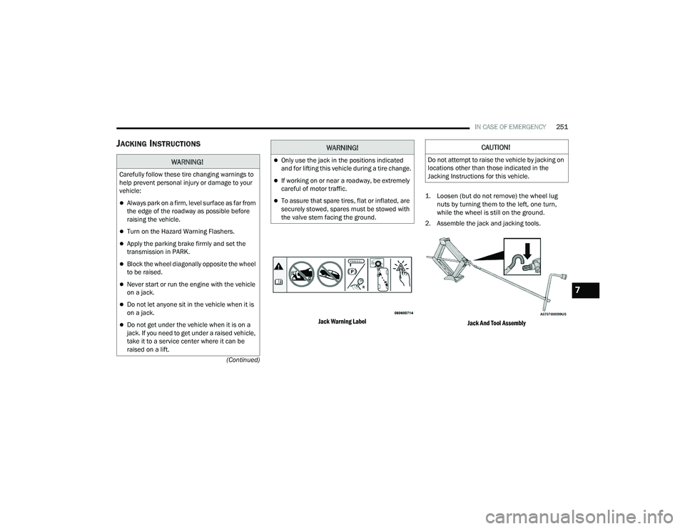 DODGE DURANGO 2021  Owners Manual 
IN CASE OF EMERGENCY251
(Continued)
JACKING INSTRUCTIONS 

Jack Warning Label
 1. Loosen (but do not remove) the wheel lug 
nuts by turning them to the left, one turn, 
while the wheel is still on th