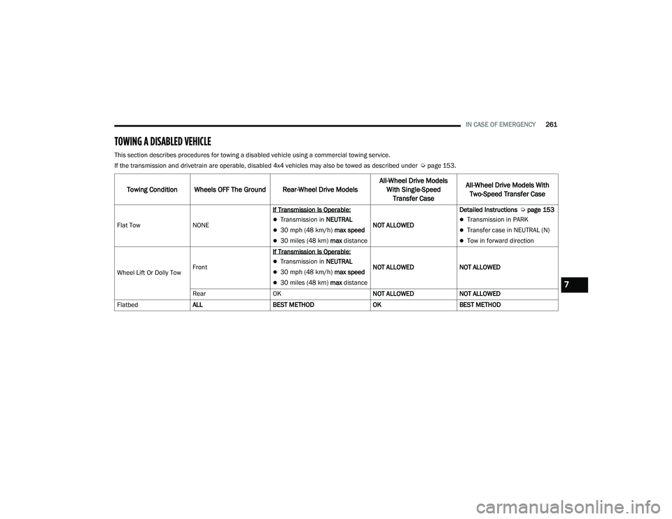 DODGE DURANGO 2021 Manual PDF
IN CASE OF EMERGENCY261
TOWING A DISABLED VEHICLE
This section describes procedures for towing a disabled vehicle using a commercial towing service.
If the transmission and drivetrain are operable, DODGE DURANGO 2021 Manual PDF
IN CASE OF EMERGENCY261
TOWING A DISABLED VEHICLE
This section describes procedures for towing a disabled vehicle using a commercial towing service.
If the transmission and drivetrain are operable,