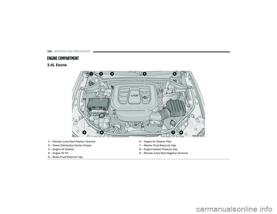 DODGE DURANGO 2021 Manual Online
268SERVICING AND MAINTENANCE
ENGINE COMPARTMENT
3.6L ENGINE
1 — Remote Jump Start Positive Terminal 6 — Engine Air Cleaner Filter
2 — Power Distribution Center (Fuses) 7 — Washer Fluid Re DODGE DURANGO 2021 Manual Online
268SERVICING AND MAINTENANCE
ENGINE COMPARTMENT
3.6L ENGINE
1 — Remote Jump Start Positive Terminal 6 — Engine Air Cleaner Filter
2 — Power Distribution Center (Fuses) 7 — Washer Fluid Re