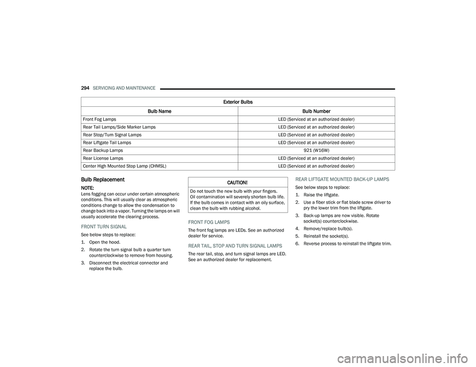 DODGE DURANGO 2021 User Guide
294SERVICING AND MAINTENANCE
Bulb Replacement
NOTE:Lens fogging can occur under certain atmospheric
conditions. This will usually clear as atmospheric
conditions change to allow the condensatio DODGE DURANGO 2021 User Guide
294SERVICING AND MAINTENANCE
Bulb Replacement
NOTE:Lens fogging can occur under certain atmospheric
conditions. This will usually clear as atmospheric
conditions change to allow the condensatio