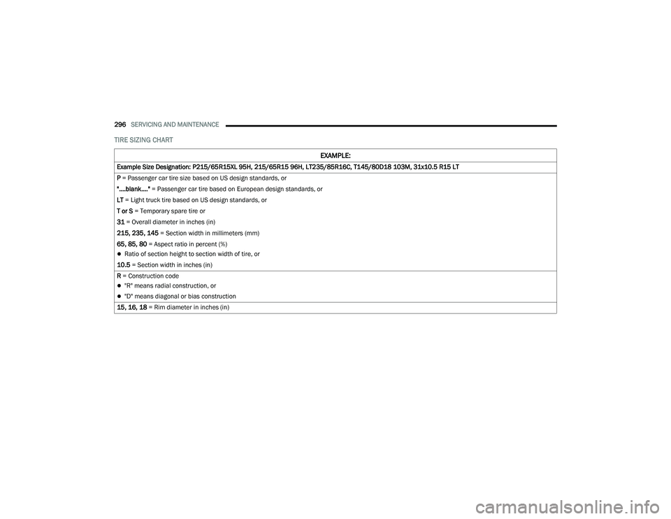 DODGE DURANGO 2021 Owners Manual
296SERVICING AND MAINTENANCE
TIRE SIZING CHART
EXAMPLE:
Example Size Designation: P215/65R15XL 95H, 215/65R15 96H, LT235/85R16C, T145/80D18 103M, 31x10.5 R15 LT
P = Passenger car tire size based o DODGE DURANGO 2021 Owners Manual
296SERVICING AND MAINTENANCE
TIRE SIZING CHART
EXAMPLE:
Example Size Designation: P215/65R15XL 95H, 215/65R15 96H, LT235/85R16C, T145/80D18 103M, 31x10.5 R15 LT
P = Passenger car tire size based o