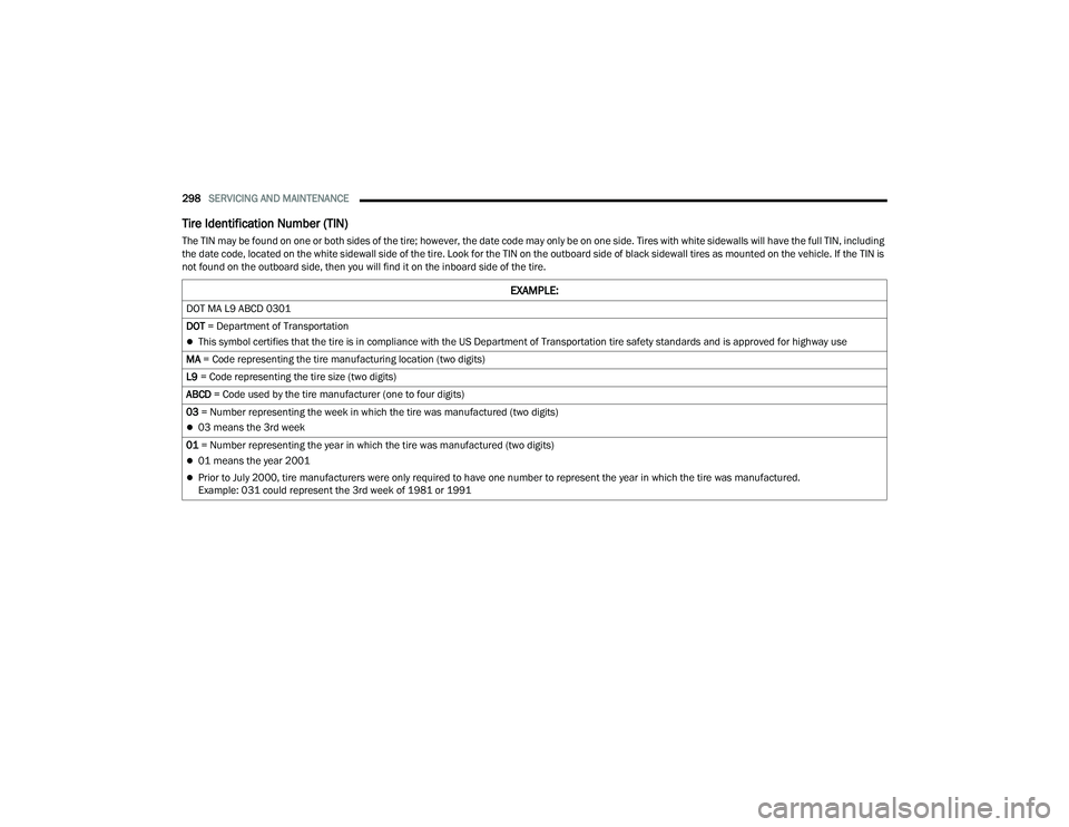 DODGE DURANGO 2021 Owners Manual
298SERVICING AND MAINTENANCE
Tire Identification Number (TIN)
The TIN may be found on one or both sides of the tire; however, the date code may only be on one side. Tires with white sidewalls will DODGE DURANGO 2021 Owners Manual
298SERVICING AND MAINTENANCE
Tire Identification Number (TIN)
The TIN may be found on one or both sides of the tire; however, the date code may only be on one side. Tires with white sidewalls will