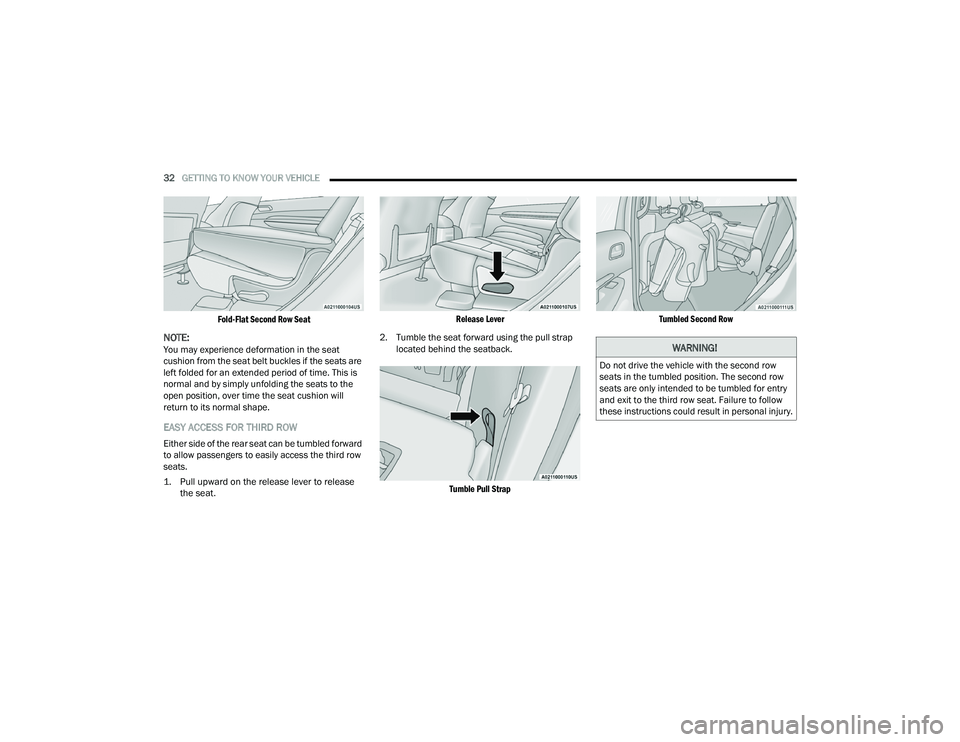 DODGE DURANGO 2021 Owners Manual
32GETTING TO KNOW YOUR VEHICLE
Fold-Flat Second Row Seat
NOTE:You may experience deformation in the seat
cushion from the seat belt buckles if the seats are
left folded for an extended period o DODGE DURANGO 2021 Owners Manual
32GETTING TO KNOW YOUR VEHICLE
Fold-Flat Second Row Seat
NOTE:You may experience deformation in the seat
cushion from the seat belt buckles if the seats are
left folded for an extended period o