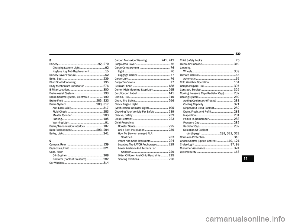 DODGE DURANGO 2021  Owners Manual 
329
B
Battery
.................................................... 92, 270Charging System Light................................. 92Keyless Key Fob Replacement.................... 15Battery Saver Feat