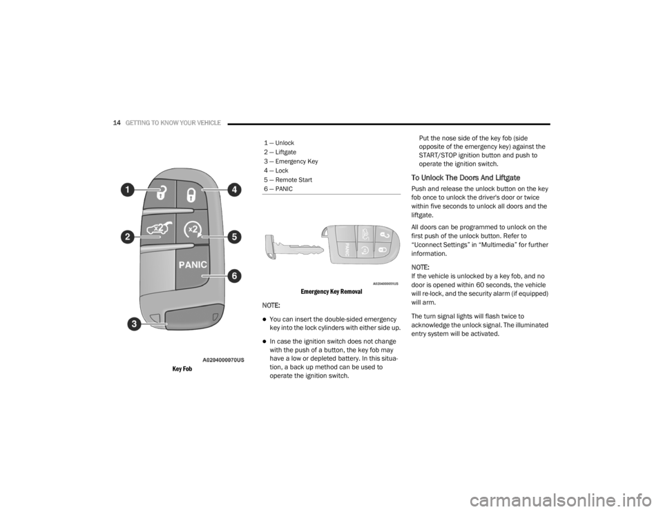 DODGE DURANGO 2020 User Guide
14GETTING TO KNOW YOUR VEHICLE
Key Fob Emergency Key Removal
NOTE:
You can insert the double-sided emergency
key into the lock cylinders with either side up.
In case the ignition switch do DODGE DURANGO 2020 User Guide
14GETTING TO KNOW YOUR VEHICLE
Key Fob Emergency Key Removal
NOTE:
You can insert the double-sided emergency
key into the lock cylinders with either side up.
In case the ignition switch do