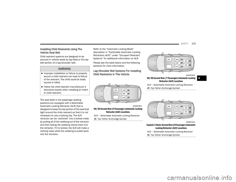 DODGE DURANGO 2020 Owners Manual
SAFETY175
Installing Child Restraints Using The
Vehicle Seat Belt
Child restraint systems are designed to be
secured in vehicle seats by lap belts or the lap
belt portion of a lap/shoulder belt.
T DODGE DURANGO 2020 Owners Manual
SAFETY175
Installing Child Restraints Using The
Vehicle Seat Belt
Child restraint systems are designed to be
secured in vehicle seats by lap belts or the lap
belt portion of a lap/shoulder belt.
T