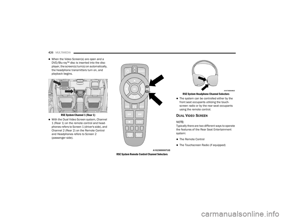 DODGE DURANGO 2020 Owners Manual
426MULTIMEDIA
When the Video Screen(s) are open and a
DVD/Blu-ray™ disc is inserted into the disc
player, the screen(s) turn(s) on automatically,
the headphone transmitters turn on, and
pl DODGE DURANGO 2020 Owners Manual
426MULTIMEDIA
When the Video Screen(s) are open and a
DVD/Blu-ray™ disc is inserted into the disc
player, the screen(s) turn(s) on automatically,
the headphone transmitters turn on, and
pl