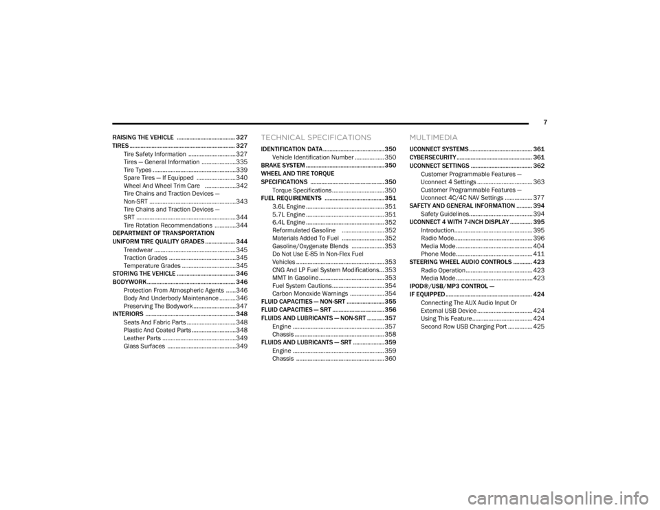 DODGE DURANGO 2020  Owners Manual 
7
RAISING THE VEHICLE  ..................................... 327
TIRES ................................................................... 327 Tire Safety Information  .............................32