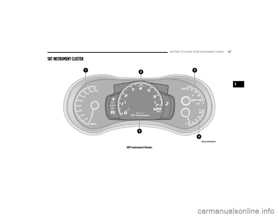 DODGE DURANGO 2020 Owners Manual
GETTING TO KNOW YOUR INSTRUMENT PANEL97
SRT INSTRUMENT CLUSTER
SRT Instrument Cluster
3
20_WD_OM_EN_USC_t.book Page 97 DODGE DURANGO 2020 Owners Manual
GETTING TO KNOW YOUR INSTRUMENT PANEL97
SRT INSTRUMENT CLUSTER
SRT Instrument Cluster
3
20_WD_OM_EN_USC_t.book Page 97
