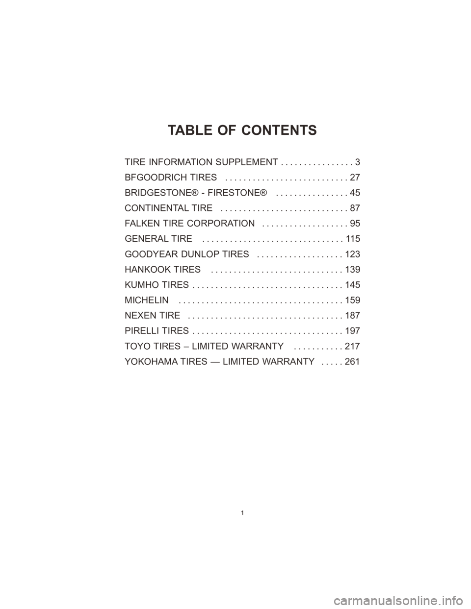 DODGE DURANGO 2020  Vehicle Warranty TABLE OF CONTENTS
TIRE INFORMATION SUPPLEMENT................ 3
BFGOODRICH TIRES ........................... 27
BRIDGESTONE® - FIRESTONE® ................ 45
CONTINENTAL TIRE .......................