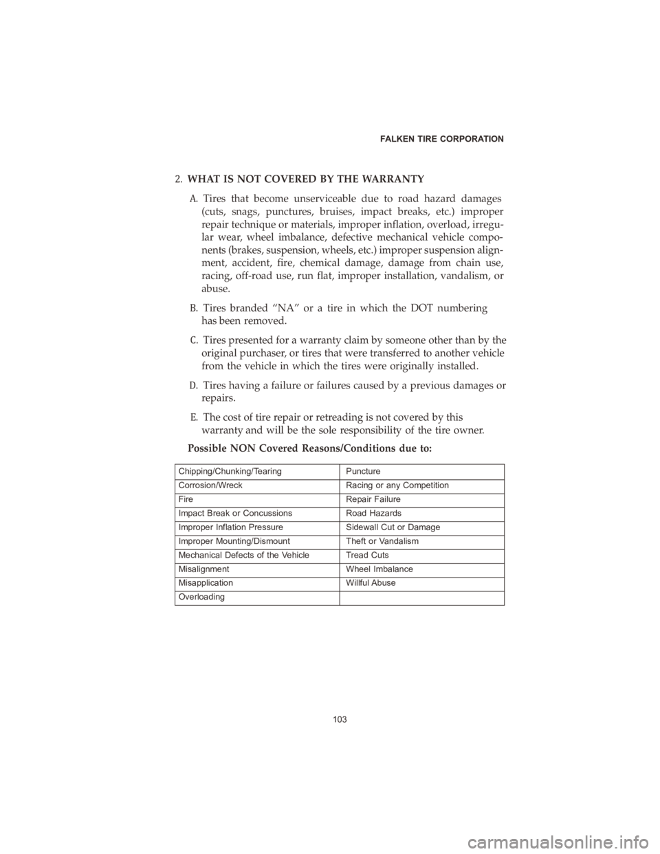 DODGE DURANGO 2020  Vehicle Warranty täWHAT� IS�NOT� COVERED� BY�THE� WARRANTY
�ä Tires� that�become� unserviceable� due�to�road� hazard� damages
(cuts,� snags,� punctures,� bruises,�impact�breaks,� etc.)�impro