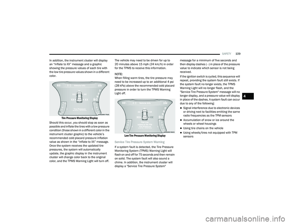 DODGE CHALLENGER 2020  Owners Manual 
SAFETY109
In addition, the instrument cluster will display 
an “Inflate to XX” message and a graphic 
showing the pressure values of each tire with 
the low tire pressure values shown in a differ