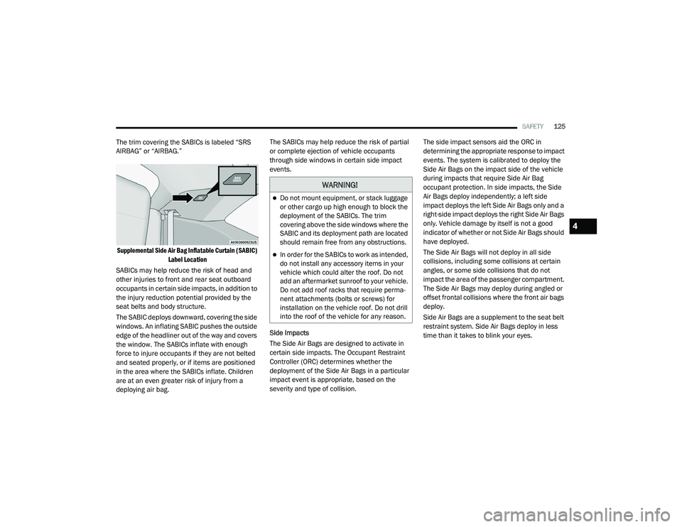 DODGE CHALLENGER 2020 User Guide
SAFETY125
The trim covering the SABICs is labeled “SRS
AIRBAG” or “AIRBAG.”
Supplemental Side Air Bag Inflatable Curtain (SABIC) Label Location
SABICs may help reduce the risk of head and DODGE CHALLENGER 2020 User Guide
SAFETY125
The trim covering the SABICs is labeled “SRS
AIRBAG” or “AIRBAG.”
Supplemental Side Air Bag Inflatable Curtain (SABIC) Label Location
SABICs may help reduce the risk of head and